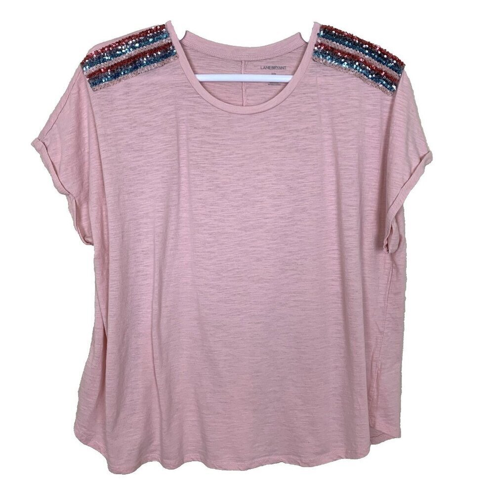 Lane Bryant Womens 22 24 Short Sleeve T Shirt Sequin Pink Top Blouse Spring